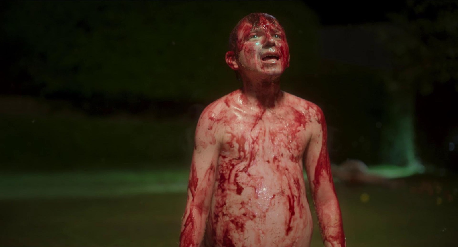 浑身是血的绿人站在夜晚的花园里